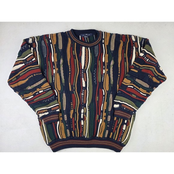 Cotton Traders Mens XL Colorful Textured 3D Knit Sweater Pullover Vintage 90s
